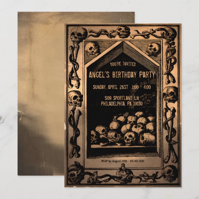 Invitación Fiesta de Personalizable de cráneo de creepas vint (Anverso / Reverso)