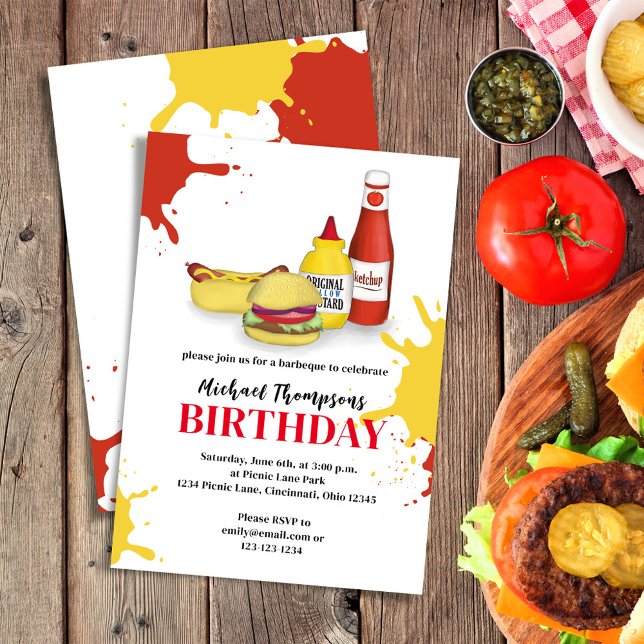 Invitación Fiesta de Personalizado de verano de verano de cum (Birthday invitation with hamburger, hotdog, ketchup, and mustard.)