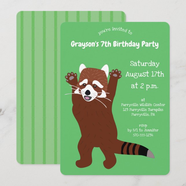 Invitación Fiesta de Personalizado verde agudo del Panda rojo (Anverso / Reverso)