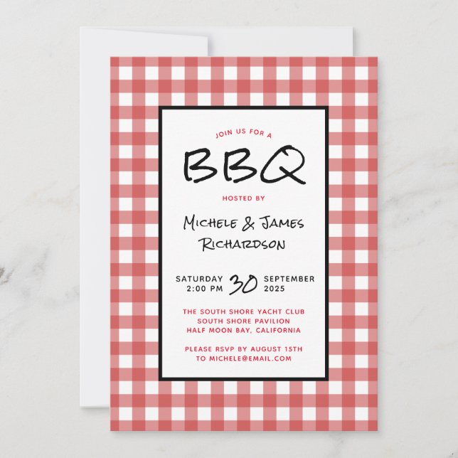 Invitación Fiesta de picnic BBBQ de Gingham rojo y blanco (Anverso)
