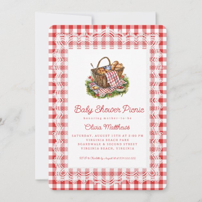 Invitación Fiesta de picnic de baby shower con gingham rojo y (Anverso)