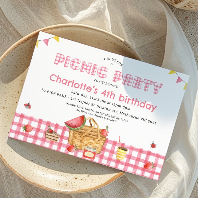Invitación Fiesta de Picnic de Chicas de comida rosa (Girls Pink Picnic Party Birthday Invitation, Summer Outdoor Birthday Party, Picnic Basket, Gingham)