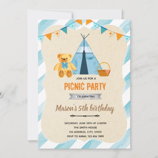 Invitación Fiesta de picnic de oso niño (Anverso)