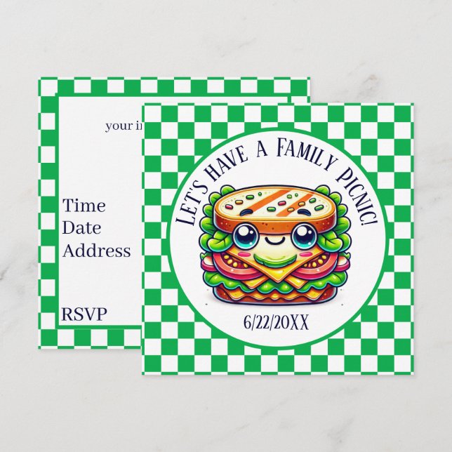 Invitación Fiesta de picnic de sandwich lindo (Anverso / Reverso)