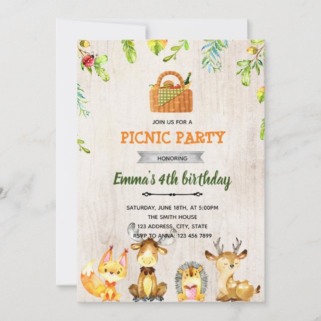 Invitación fiesta de picnic divertida en el bosque (Anverso)
