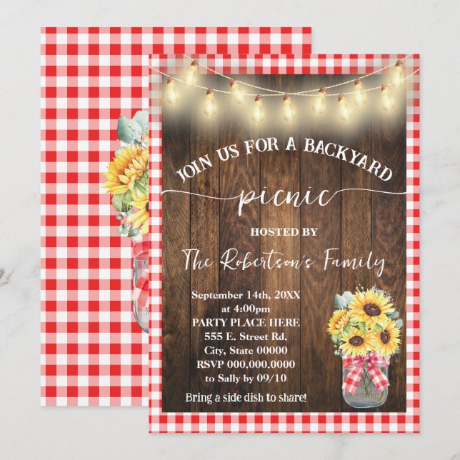 Invitación Fiesta de picnic en el patio trasero con girasoles (Anverso / Reverso)