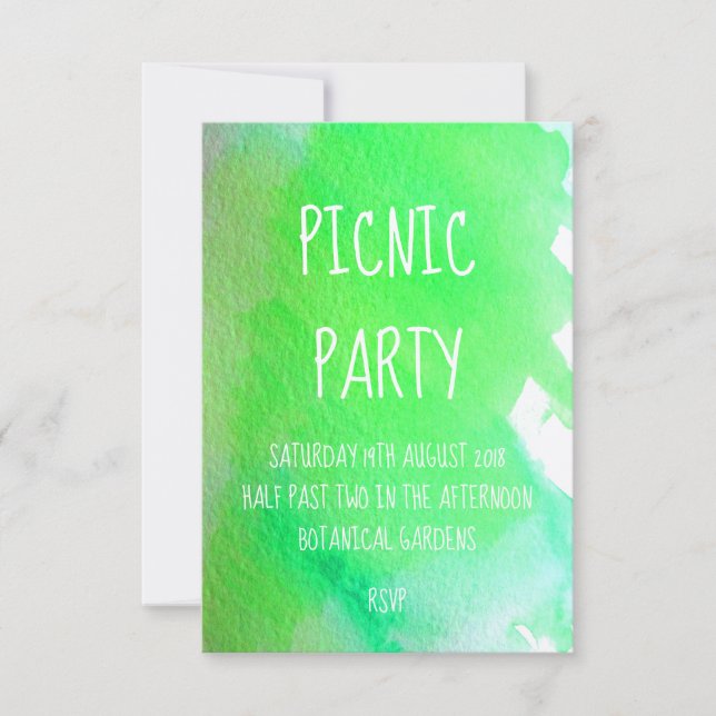 Invitación Fiesta de picnic moderna con acuarela verde lima (Anverso)