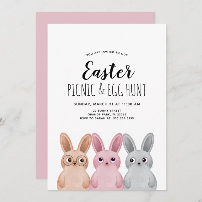 Invitación Fiesta de Picnic y Huevos de Pascua con conejillos (Anverso / Reverso)