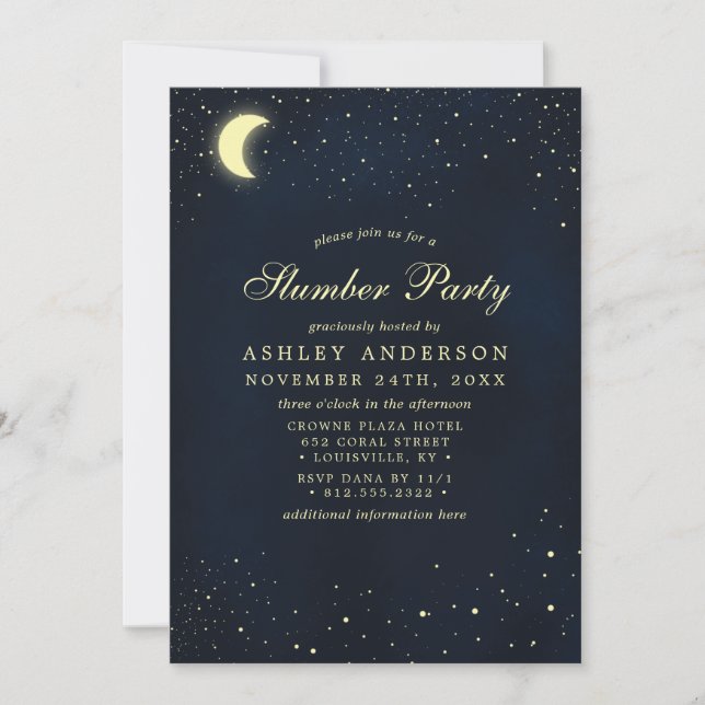 Invitación Fiesta de pijamas Celestial Moon Stars Midnight Bl (Anverso)