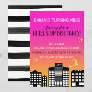 Invitación Fiesta de pijamas de chica con horizonte de hotel