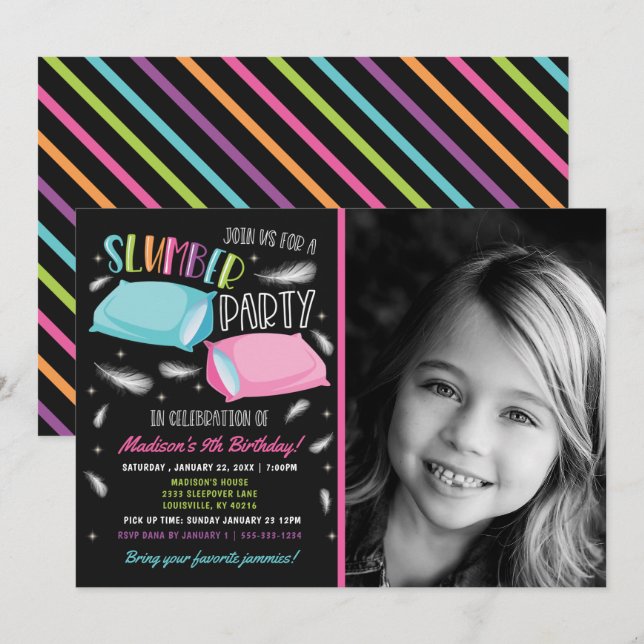 Invitación Fiesta de pijamas de cumpleaños con foto de arcoír (Anverso / Reverso)