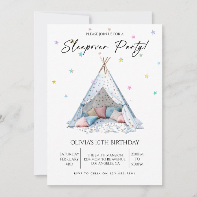 Invitación Fiesta de pijamas de cumpleaños de chica (Anverso)
