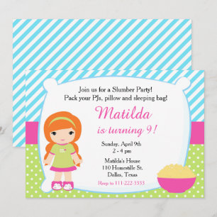 Invitación Fiesta de pijamas de cumpleaños para niña pelirroj