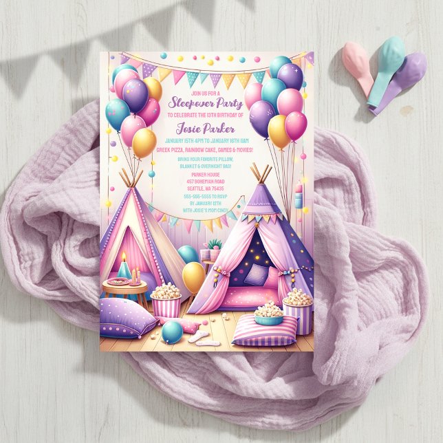 Invitación Fiesta de pijamas de cumpleaños Teepee encantador  (Available in Print and Instant Download)