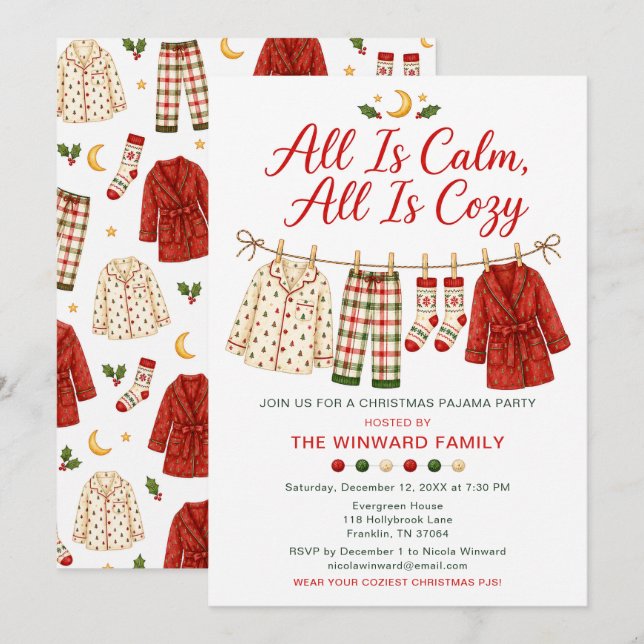 Invitación Fiesta de pijamas de Navidad acogedora (Anverso / Reverso)