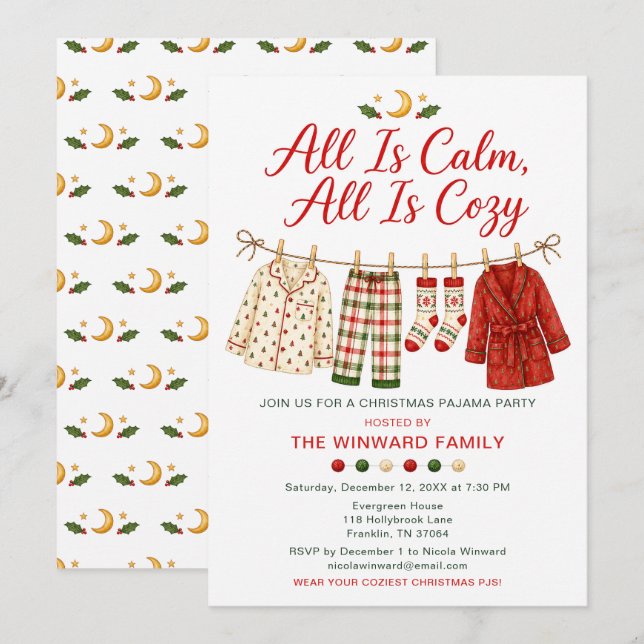 Invitación Fiesta de pijamas de Navidad acogedora (Anverso / Reverso)
