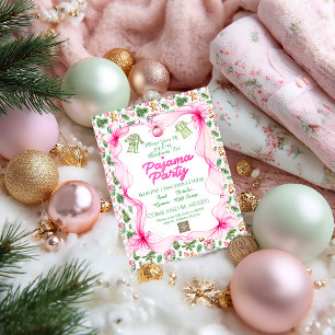 Invitación Fiesta de pijamas de Navidad Coquette rosa y verde