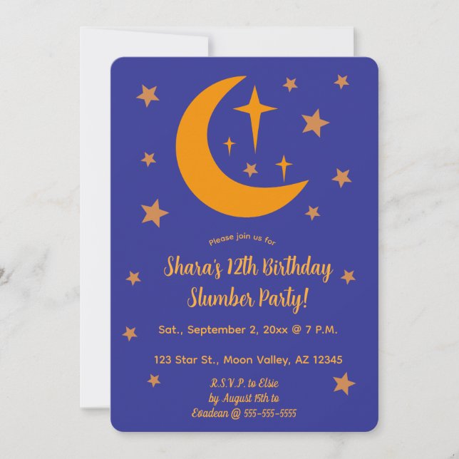 Invitación Fiesta de pijamas editable Luna y Estrellas (Anverso)