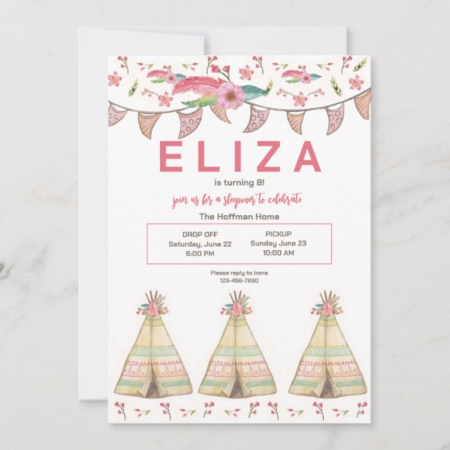 Invitación Fiesta de pijamas en tipi (Anverso)