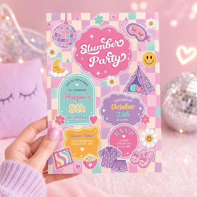 Invitación Fiesta de pijamas genial con cuadros de arcoíris d (Subido por el creador)