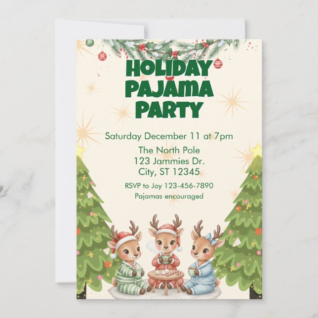 Invitación Fiesta de pijamas navideños, renos y cacao (Anverso)