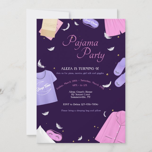 Invitación Fiesta de pijamas para chicas (Anverso)
