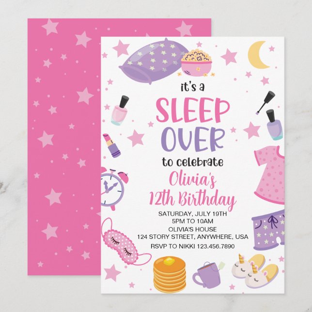 Invitación Fiesta de pijamas rosa morado preadolescente (Anverso / Reverso)