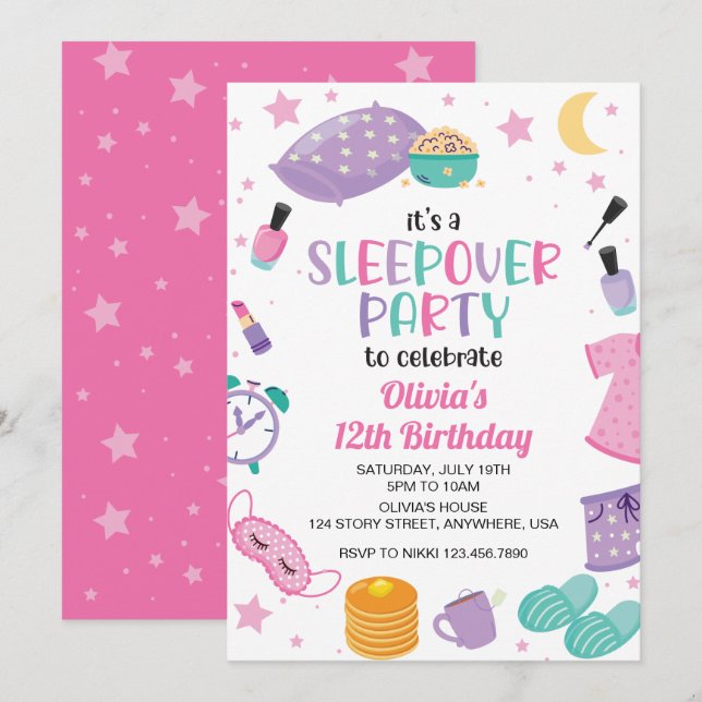Invitación Fiesta de pijamas rosa morado preadolescente (Anverso / Reverso)