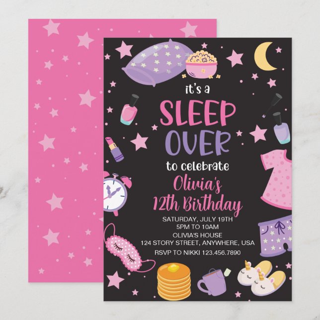 Invitación Fiesta de pijamas rosa morado preadolescente (Anverso / Reverso)