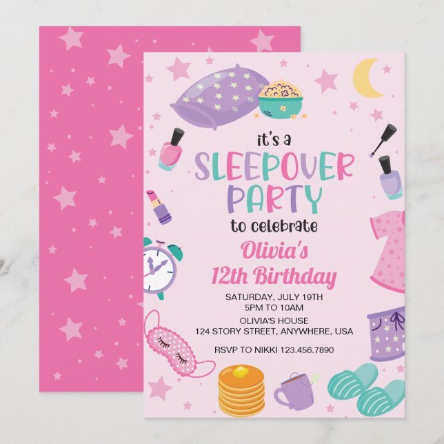 Invitación Fiesta de pijamas rosa morado preadolescente (Anverso / Reverso)