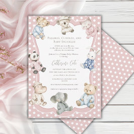 Invitación Fiesta de pijamas tema animalitos rosa Baby Shower