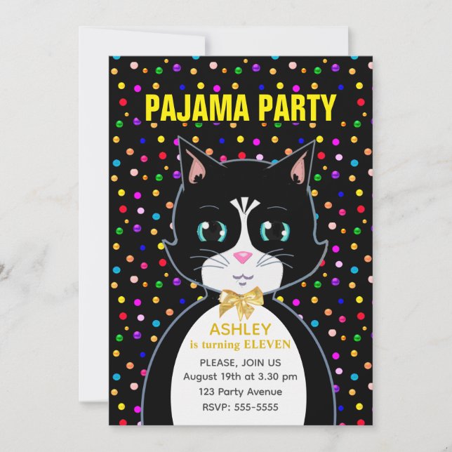 Invitación Fiesta de pijamas y gato de cumpleaños con esmoqui (Anverso)