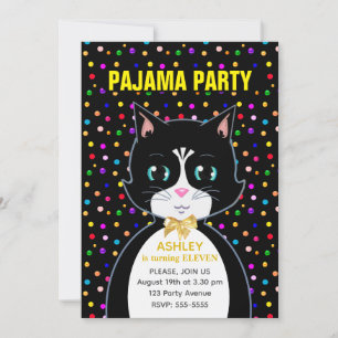 Invitación Fiesta de pijamas y gato de cumpleaños con esmoqui