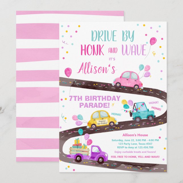 Invitación Fiesta De Pink Drive By Birday Parade (Anverso / Reverso)