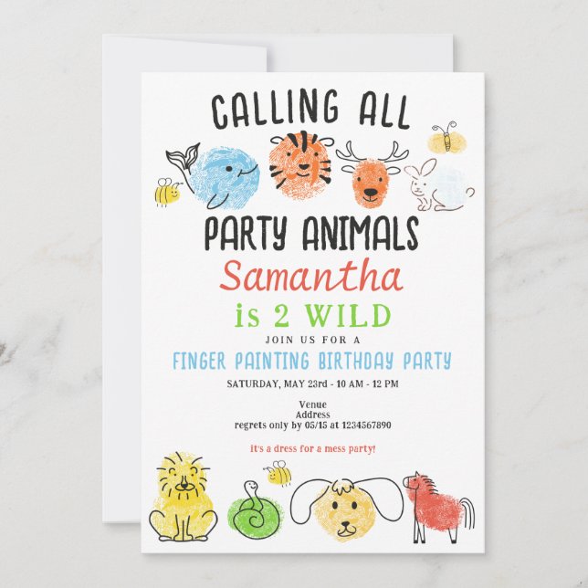 Invitación Fiesta de pintura al dedo Animales fiesta de cumpl (Anverso)