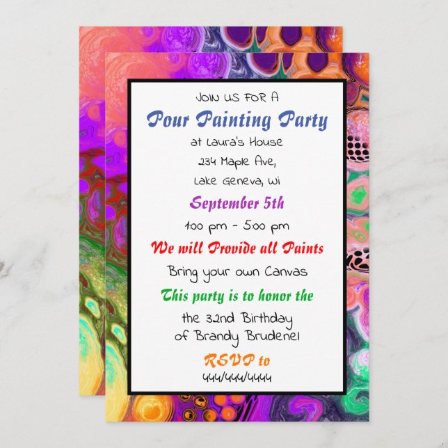 Invitación Fiesta de pintura al vertido Cumpleaños (Anverso / Reverso)