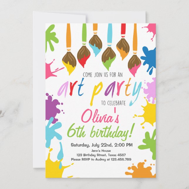 Invitación fiesta de pintura de cumpleaños de fiesta de arte (Anverso)