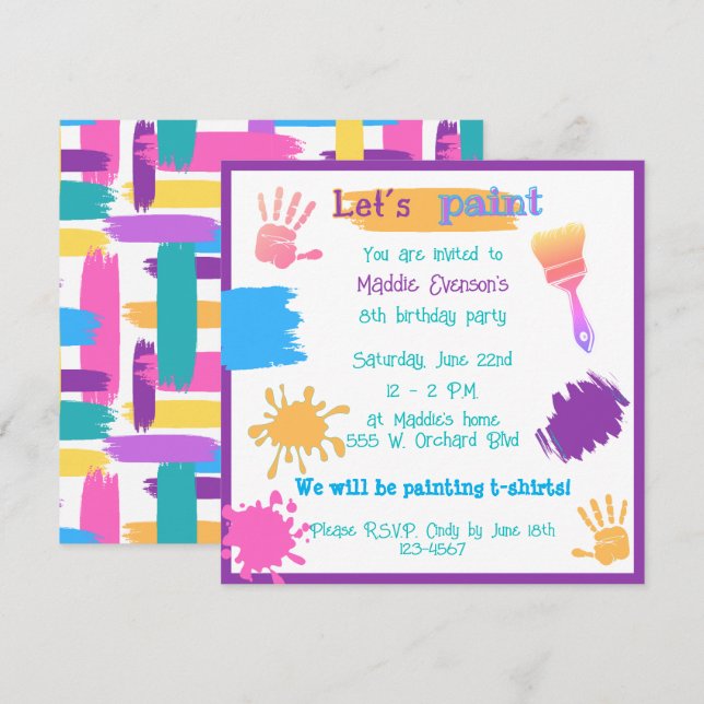 Invitación Fiesta de pintura de cumpleaños Pincel colorido St (Anverso / Reverso)