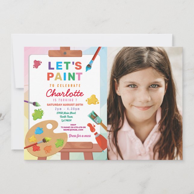 Invitación Fiesta de pintura de cumpleaños pintando fotos de  (Anverso)