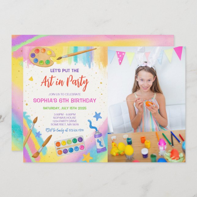 Invitación Fiesta de pintura de Fiesta de arte editable foto  (Anverso / Reverso)