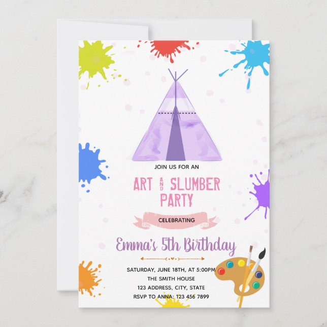 Invitación Fiesta de pintura de Sleepover (Anverso)