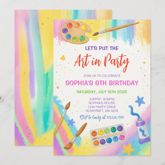 Invitación Fiesta de pintura Fiesta de arte editable Cumpleañ (Anverso / Reverso)