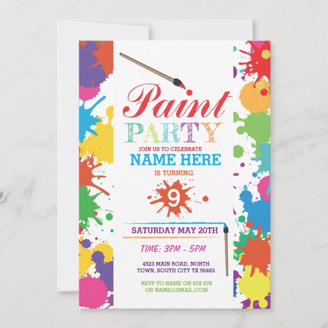 INVITACIÓN FIESTA DE PINTURA INVITA A LOS NIÑOS NEON FUN ART  (Anverso)