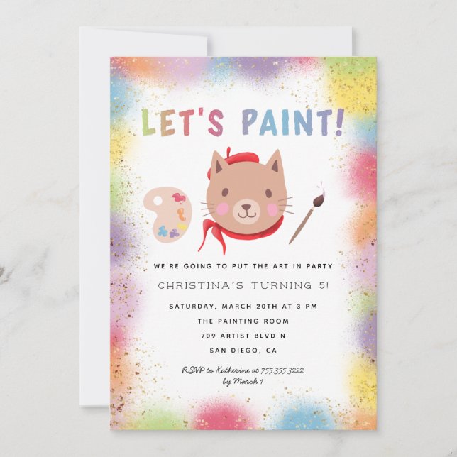 Invitación Fiesta de pintura Niños Birthday Kitty Cat (Anverso)