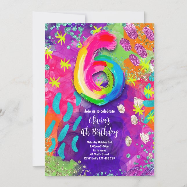 Invitación Fiesta de pintura para cumpleaños número 6 (Anverso)