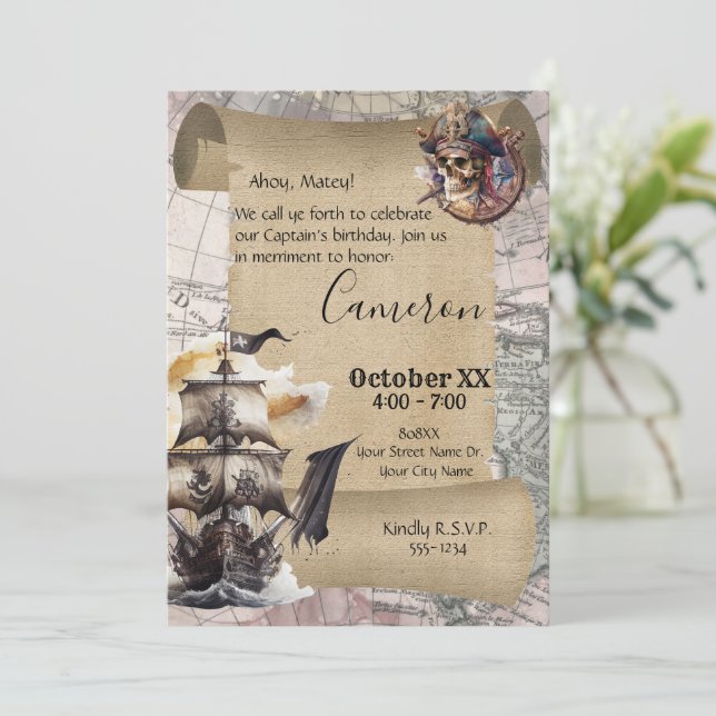 Invitación Fiesta de piratas del mapa del tesoro de pergamino (Anverso de pie)
