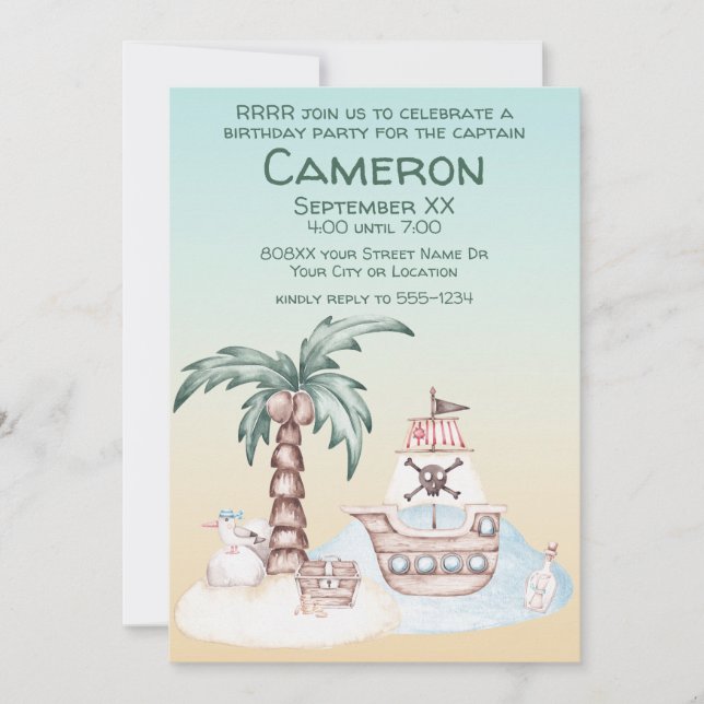 Invitación Fiesta de piratas ilustrada y adorable al atardece (Anverso)