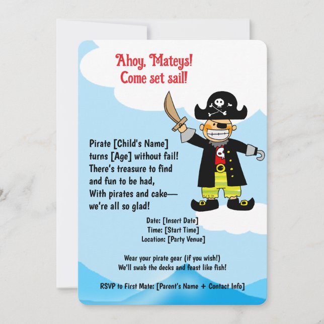 Invitación Fiesta de Piratas Infantiles (Anverso)