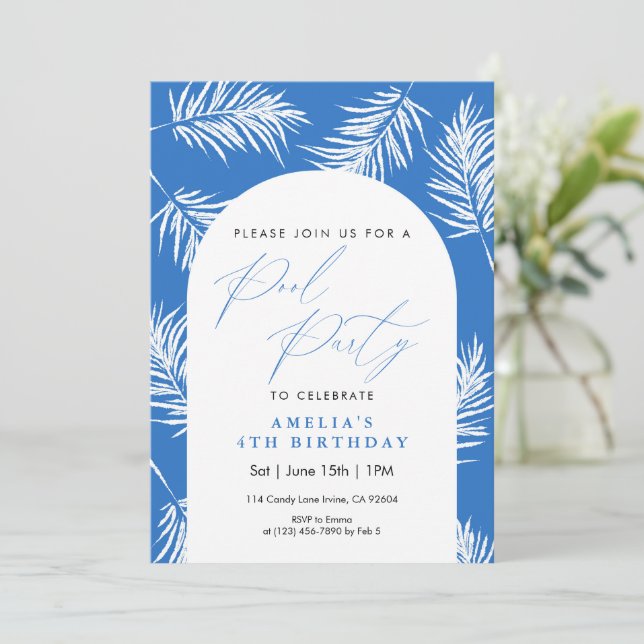 Invitación Fiesta de Piscina Acuarela Palma Azul (Anverso de pie)