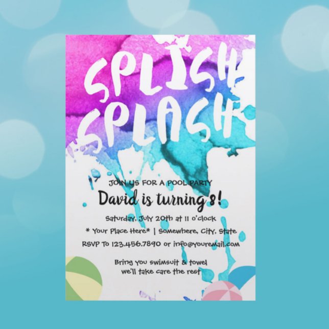 Invitación Fiesta de piscina acuarela Splish Splash Cumpleaño (Subido por el creador)